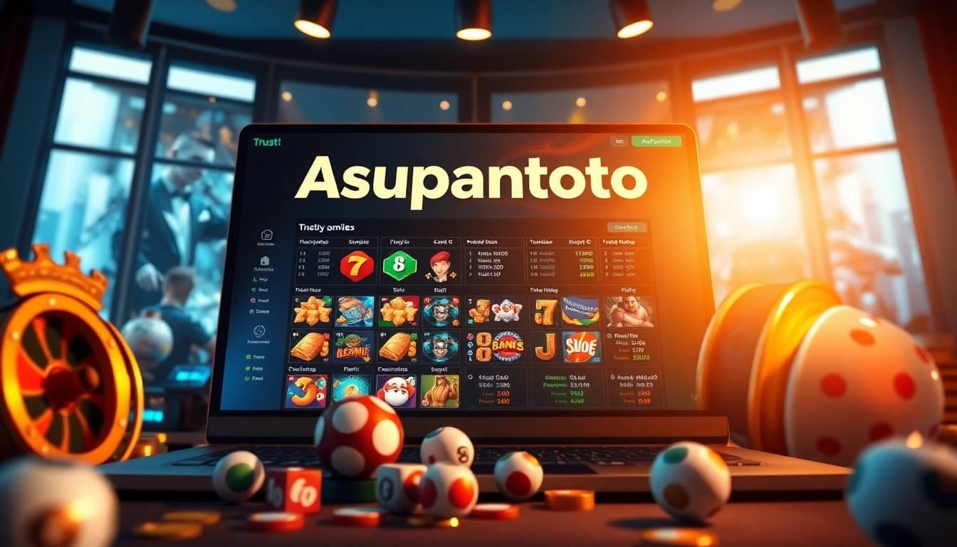 Asupantoto engaging online gambling interface featuring vibrant slot games and lottery results.