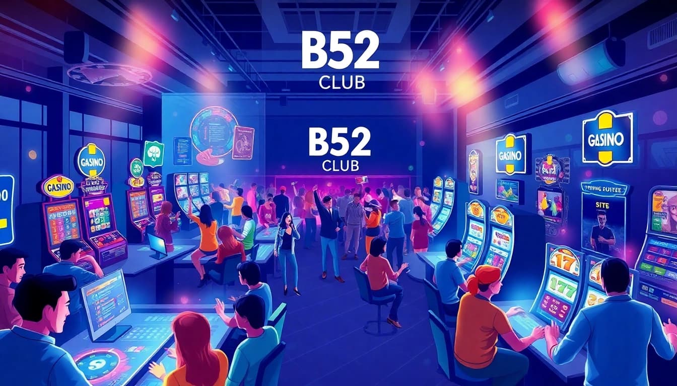 B52 Club online gaming scene with diverse players enjoying live casino and slot games.