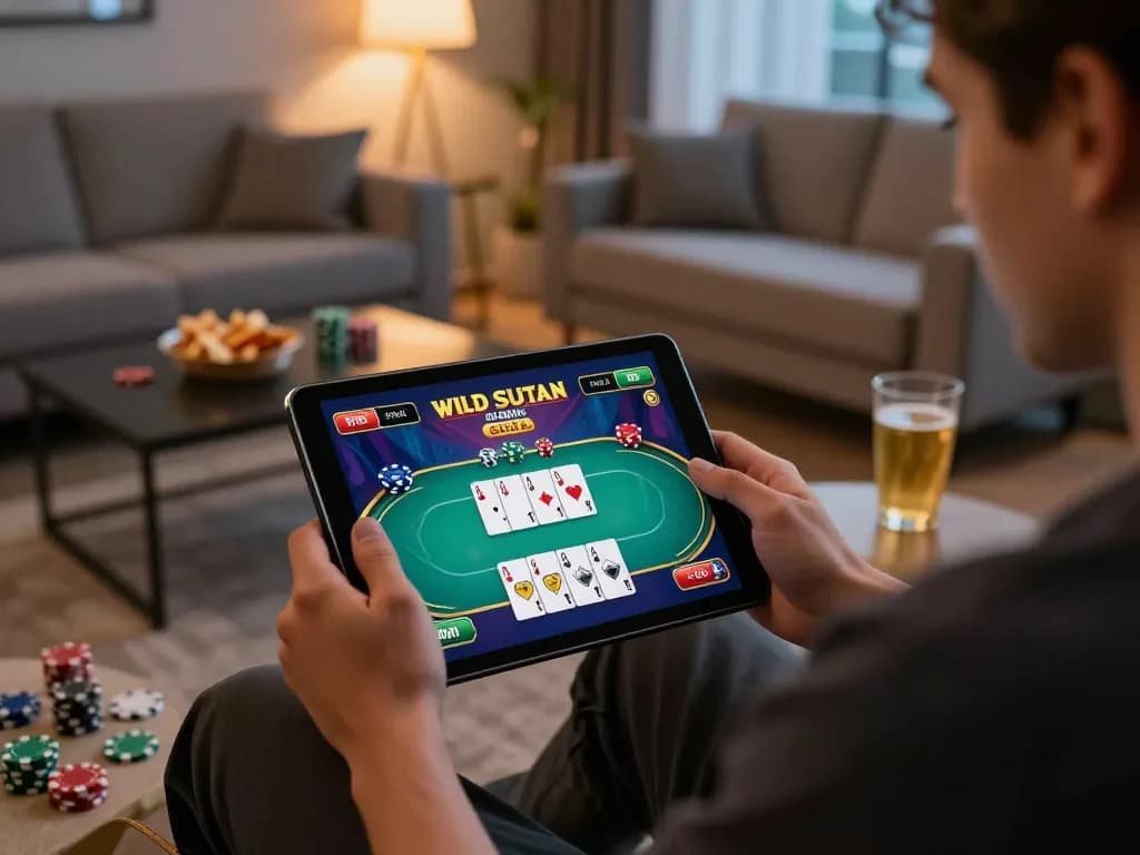 Gamer engaging with wild sultan online casino interface on tablet in a cozy living room setting