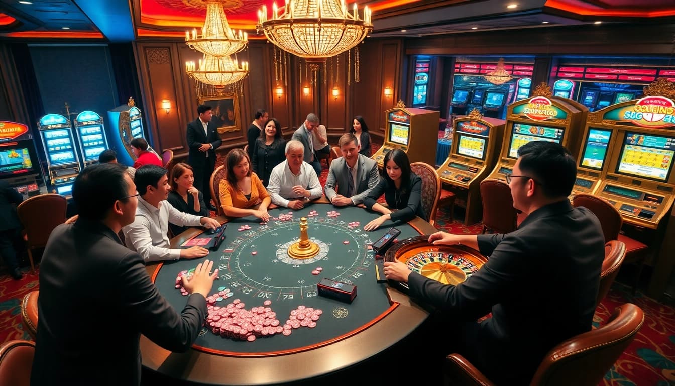 SODO CASINO players enjoying a vibrant poker game with colorful chips and a roulette wheel in a luxurious setting.