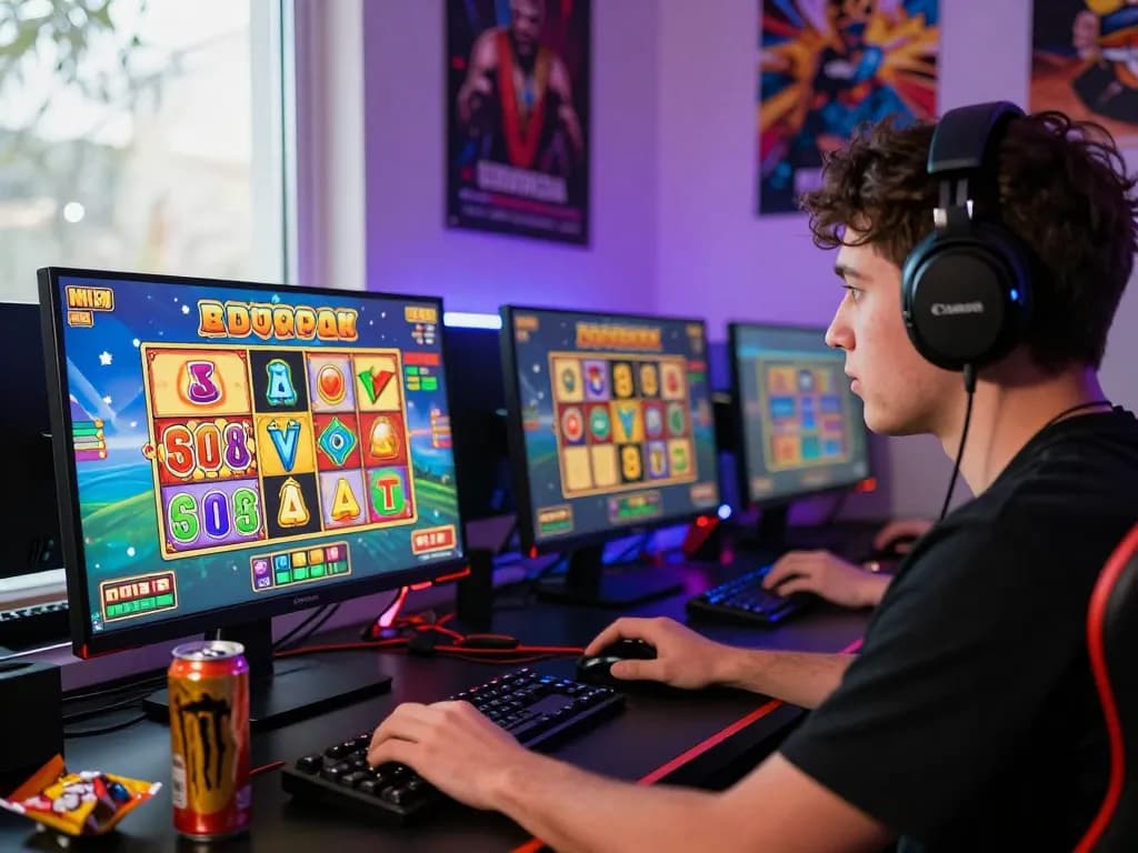 Suasana permainan online yang mengasyikkan menampilkan pemain yang fokus pada permainan slot situs gacor dengan visual berwarna-warni dan aksesori permainan.