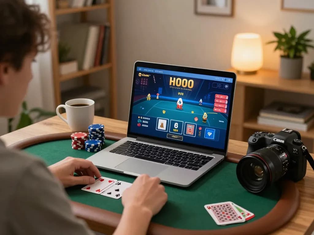 nk88 player engaging in online poker game at home, showing laptop and betting strategy.