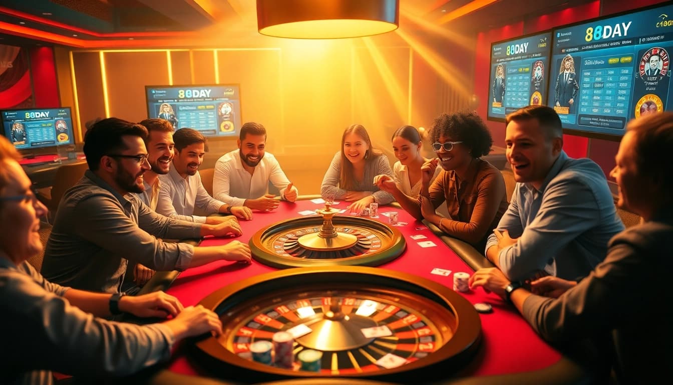 Experience the thrill of 8DAY with an engaging casino scene filled with excited players at a poker table.