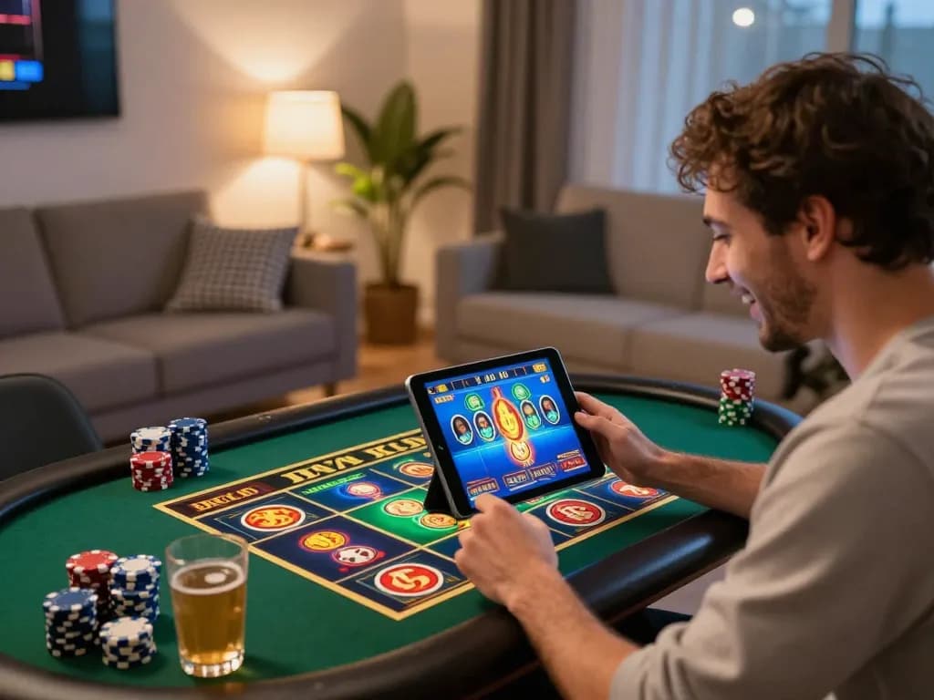 Sesi permainan situs toto online yang menampilkan seorang pemain merayakan kemenangan permainan slot di rumah.