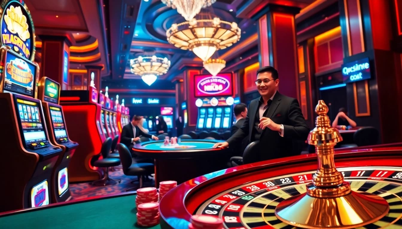 Engage in the thrilling atmosphere of NK88 casino with players at poker and vibrant slot machines.