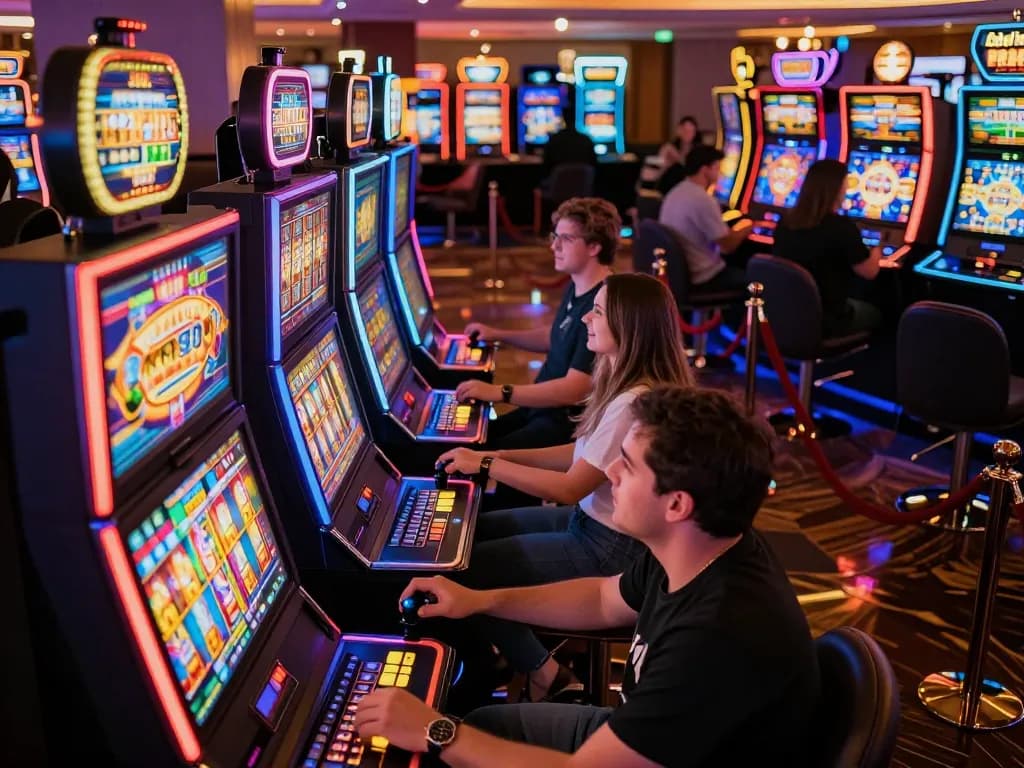 Players enjoying vibrant slot machines at LOTUS333 casino, showcasing excitement and colorful atmosphere