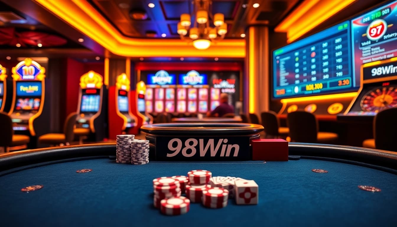 Experience thrilling gameplay at 98Win with vibrant poker and casino elements in an engaging setting.