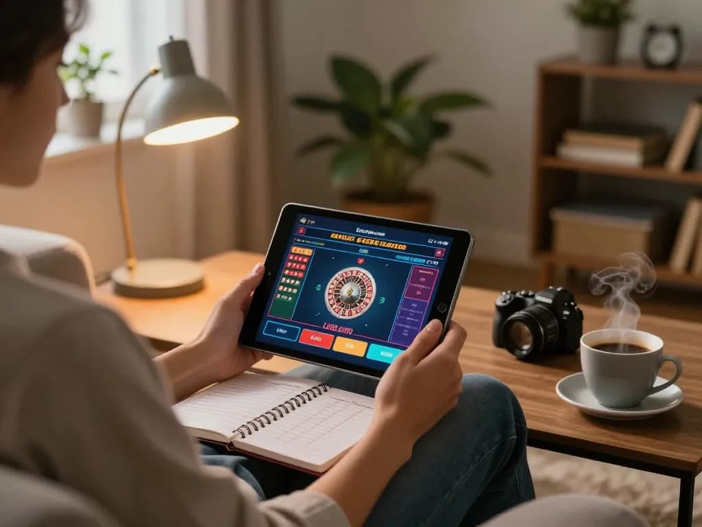 Experience online gaming excitement at LV88.com in a cozy home setup with strategy notes and tablet gaming.