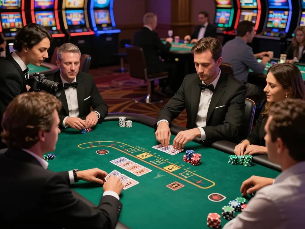 Players engaging in intense blackjack gameplay at a luxurious casino, showcasing HM88 excitement and strategy in action.