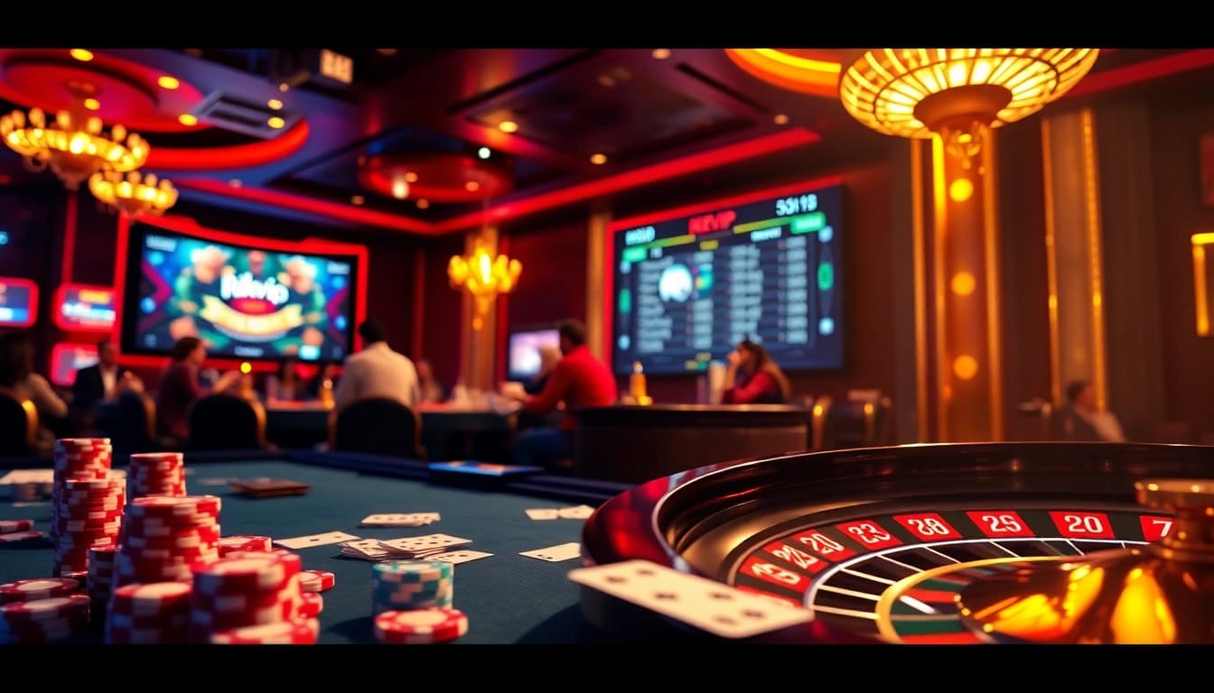 Experience the thrill of gambling at Rikvip with engaging poker tables and vibrant casino elements.