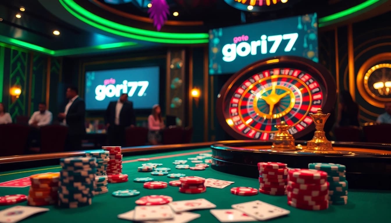 Experience the excitement of gambling at gori77, with colorful chips and a spinning roulette wheel in a luxurious casino setting.