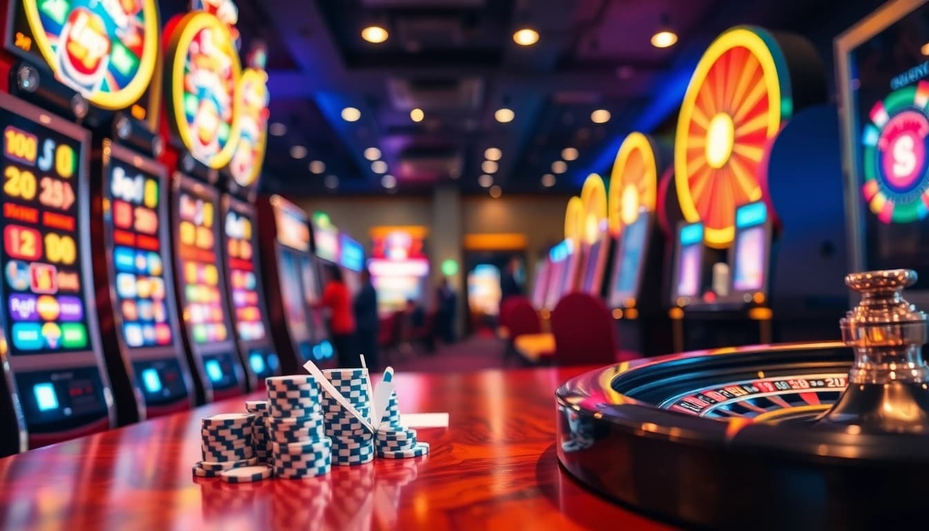Situs bonus new member at a vibrant casino featuring players enjoying slot machines and a roulette wheel.