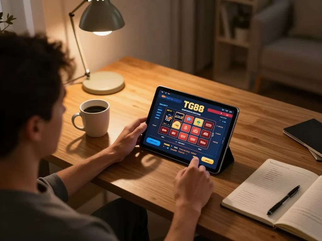 TG88 player engaging in online casino gameplay while studying strategies in a cozy home setup.