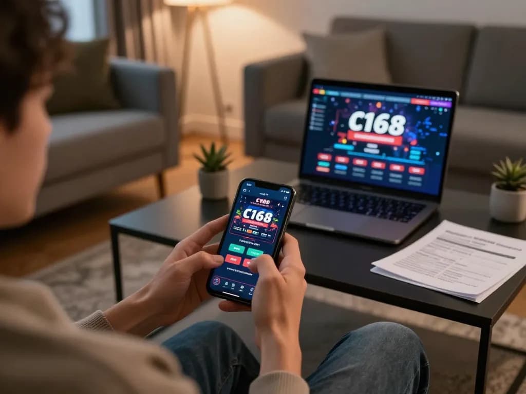 Player enjoying the c168 casino app in a cozy home setting, highlighting online gaming.