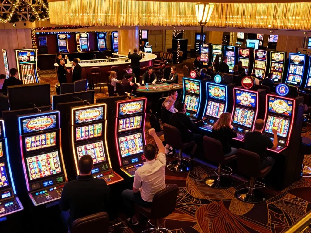 tr88 players celebrating at lively casino filled with slot machines and various games