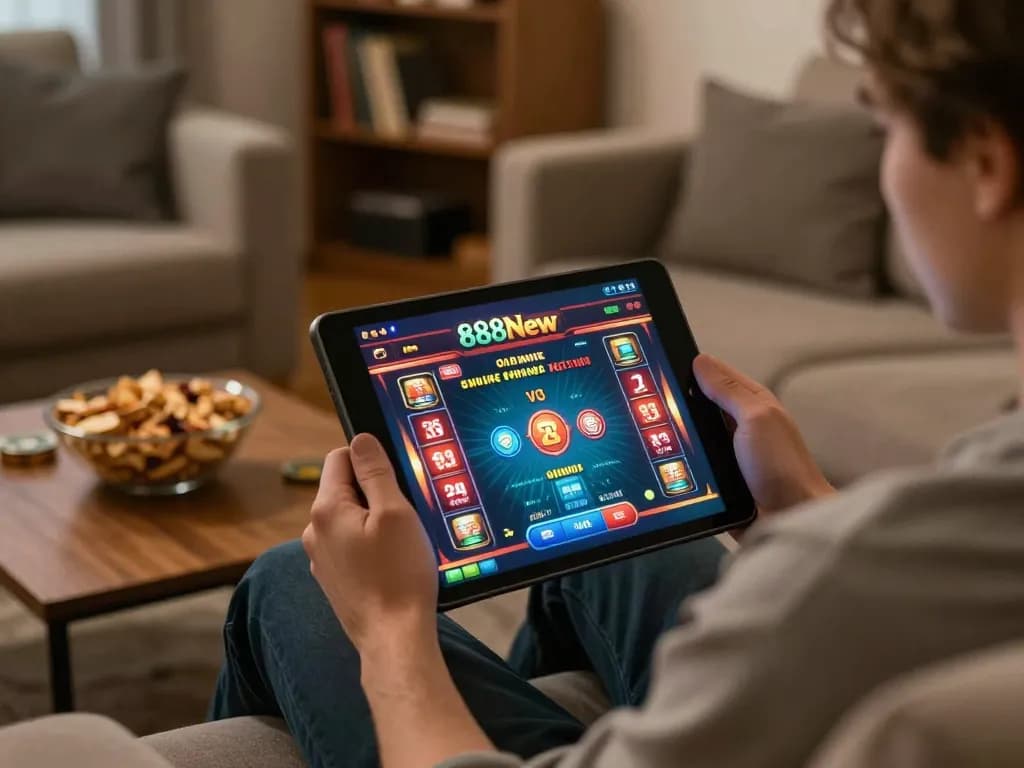 Engaging gameplay on 888New's online casino while relaxing at home.
