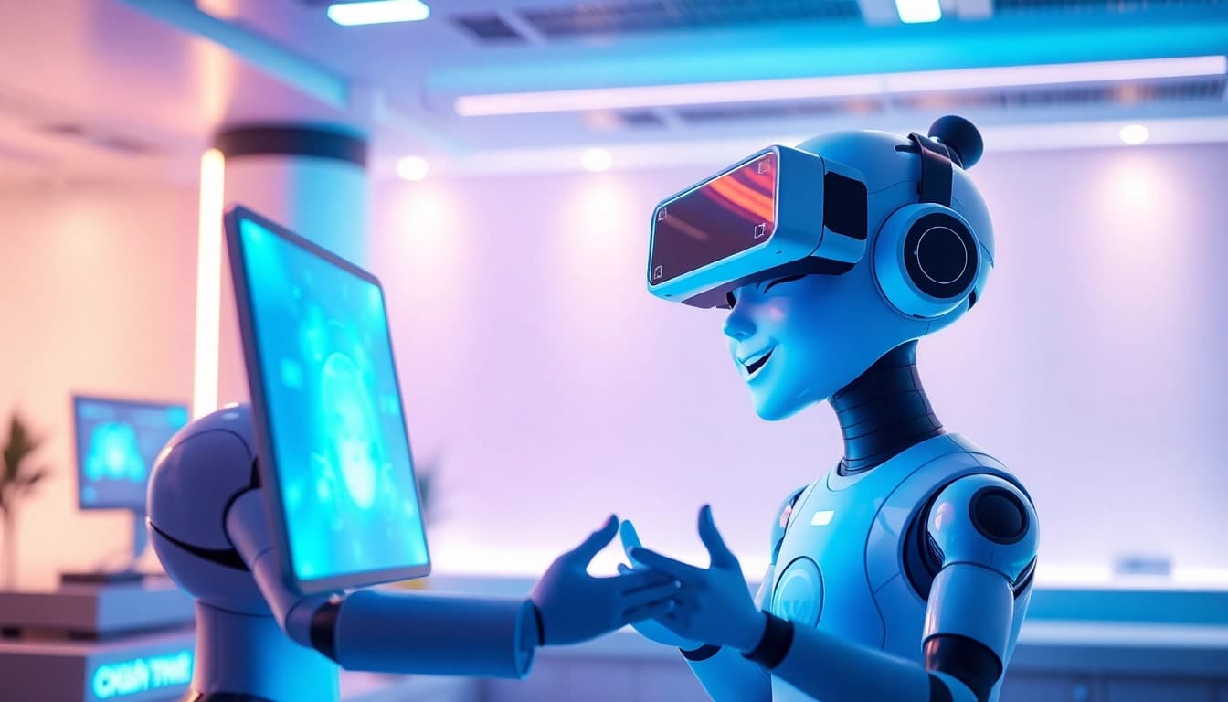Engaging AI interaction scene showcasing crush on ai with a digital character and user in a vibrant, futuristic setting.