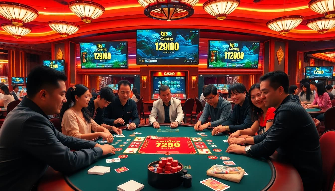 Players at a Tài Xỉu table celebrating wins at tg88 casino.
