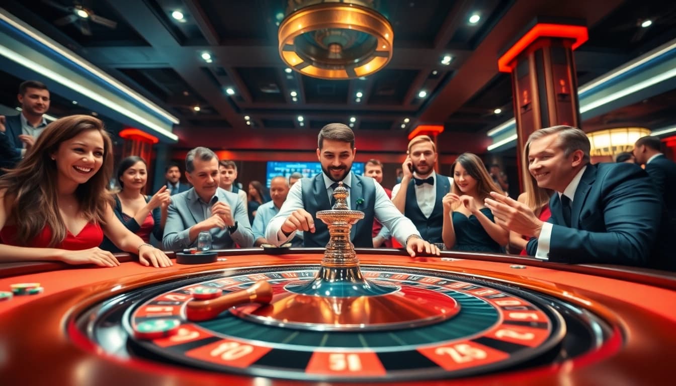 Engaging casino scene with uu娛樂 at a roulette table showcasing excitement and vibrant players.