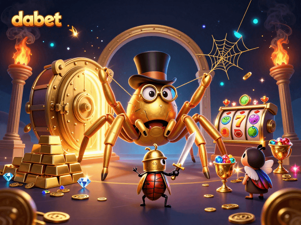 dabet showcases a golden tarantula and a brave beetle knight amidst a vibrant casino scene.