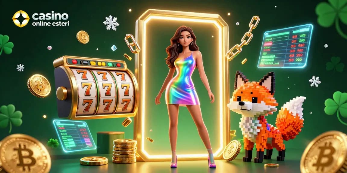 Interagisci con i casino online esteri in una vivace e colorata illustrazione 3D che rappresenta fortuna e vincite.