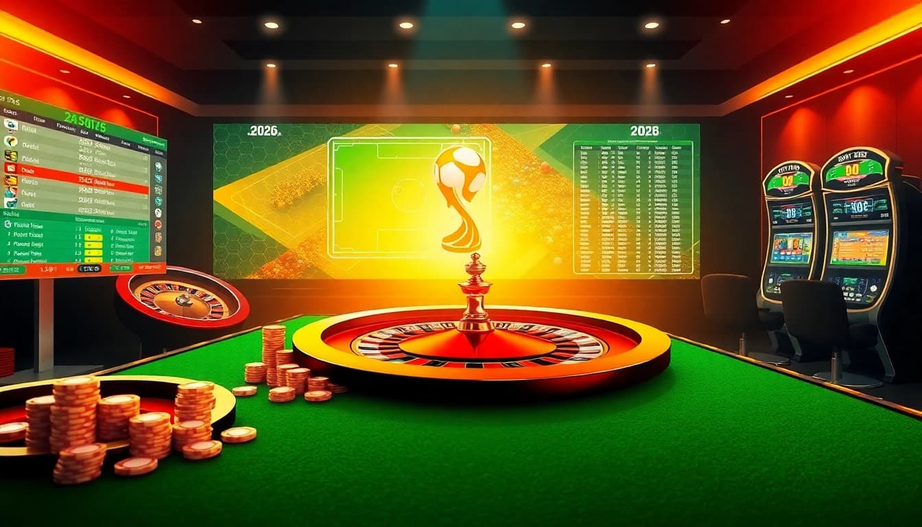 Engaging visual of Judi Bola betting options with casino tables and betting screens in a luxurious setting.