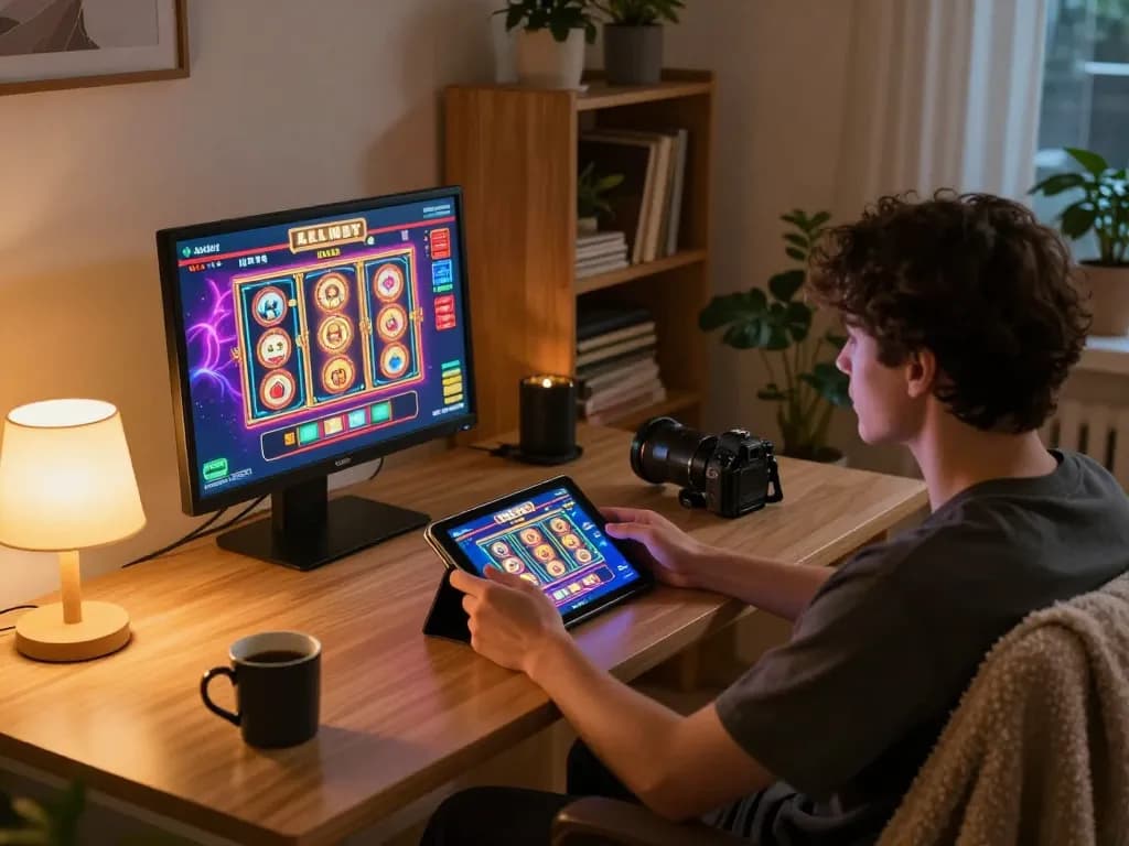Engaging scene of a player enjoying god55 on a tablet in a cozy home setup, vibrant slot machine graphics visible.