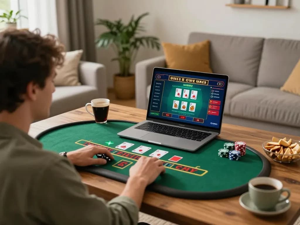 Player engaged in online lc88 baccarat game at home with cozy decor.
