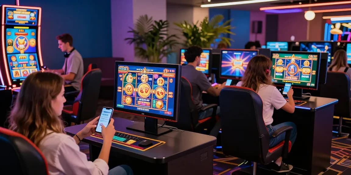 Players enjoying new online slot sites in a modern casino lounge filled with vibrant lighting and digital game displays