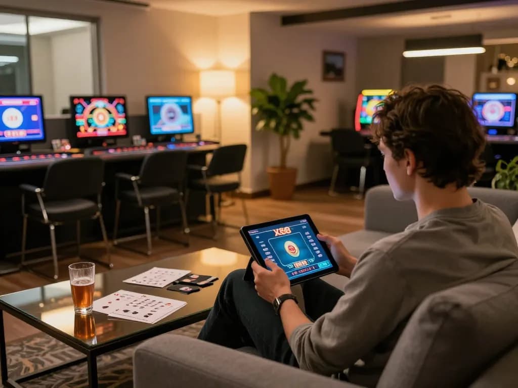 Engaged player exploring xx88 video casino games on a tablet in a cozy home setting.