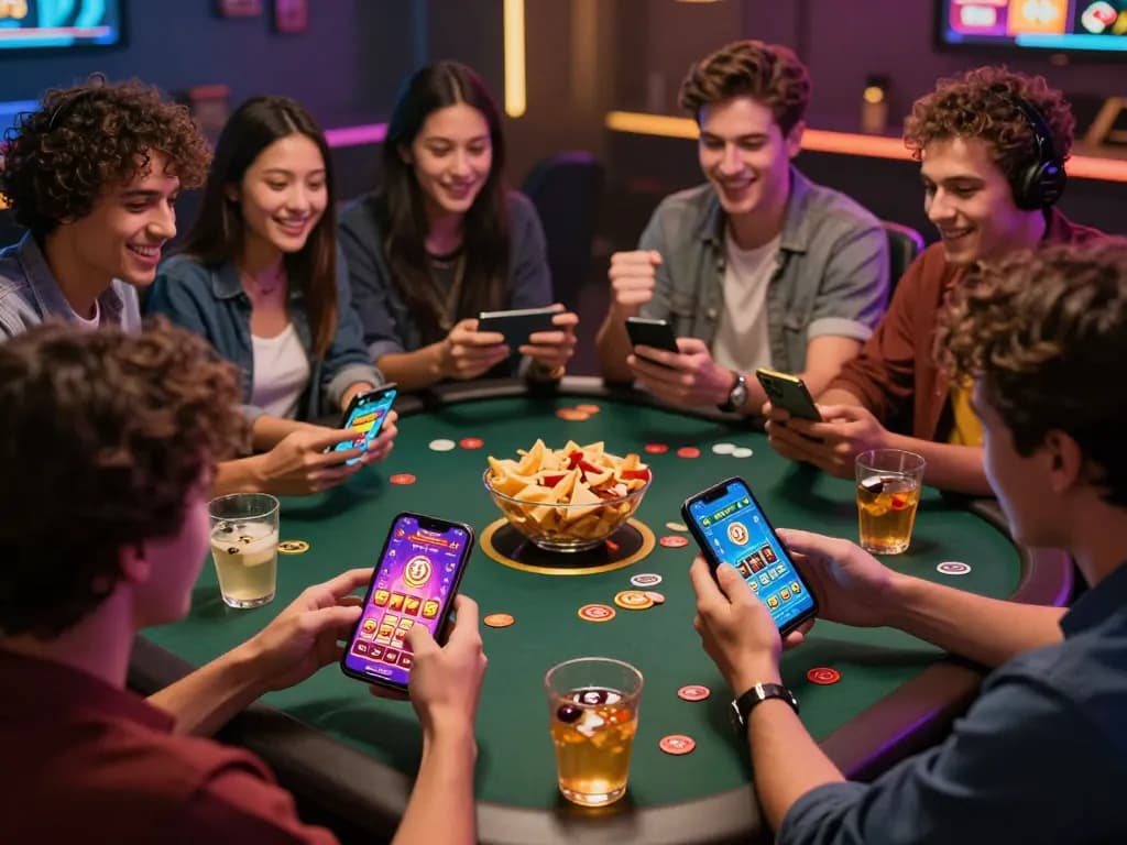 Engaging moment of friends using their smartphones for đăng ký go99 online gaming, showcasing mobile casino excitement and social interaction.