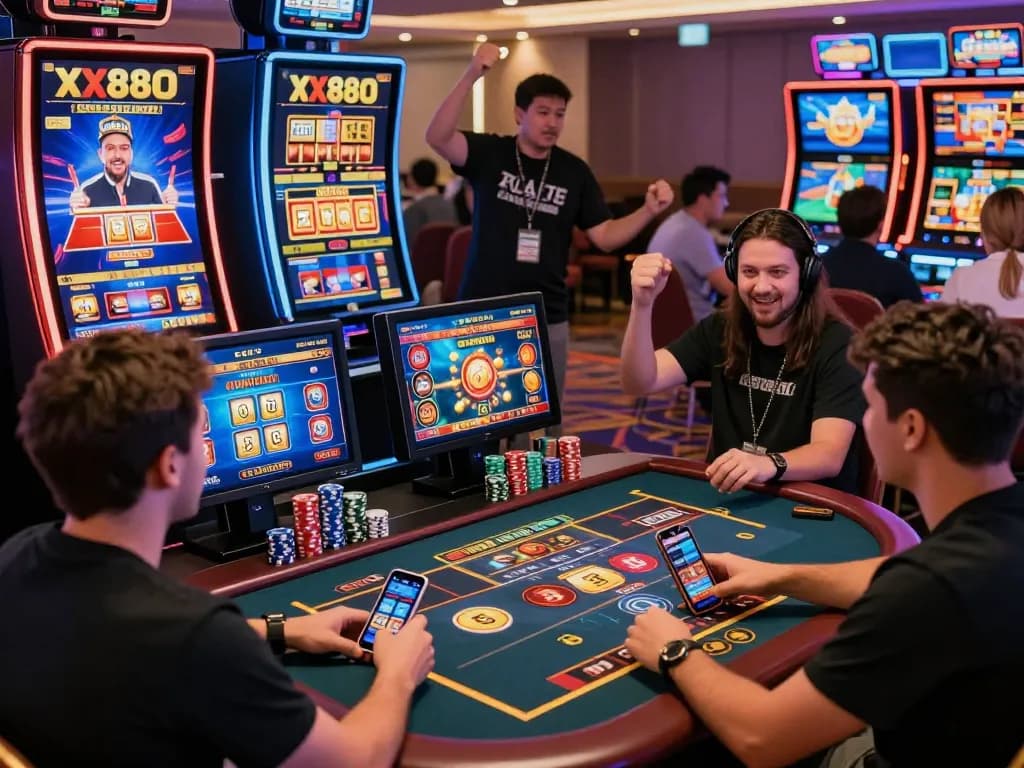Players enjoying the thrilling experience at xx88 online casino, with vibrant games and exciting atmosphere.