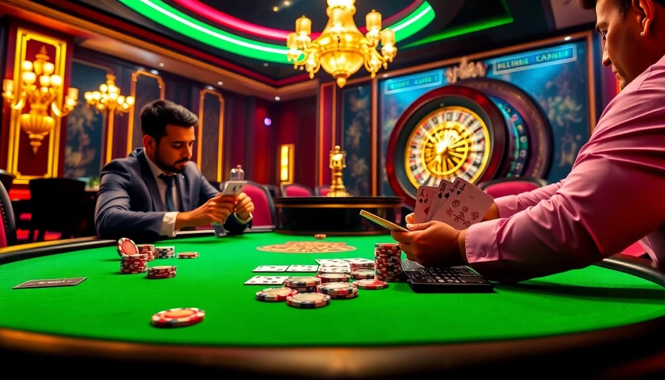 Experience high-stakes poker at Luck8, showcasing vibrant casino tables and elegant décor.