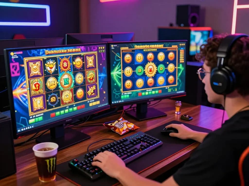 Player intensely engaged in online slot games on Dash88, showcasing vibrant graphics and gaming peripherals.