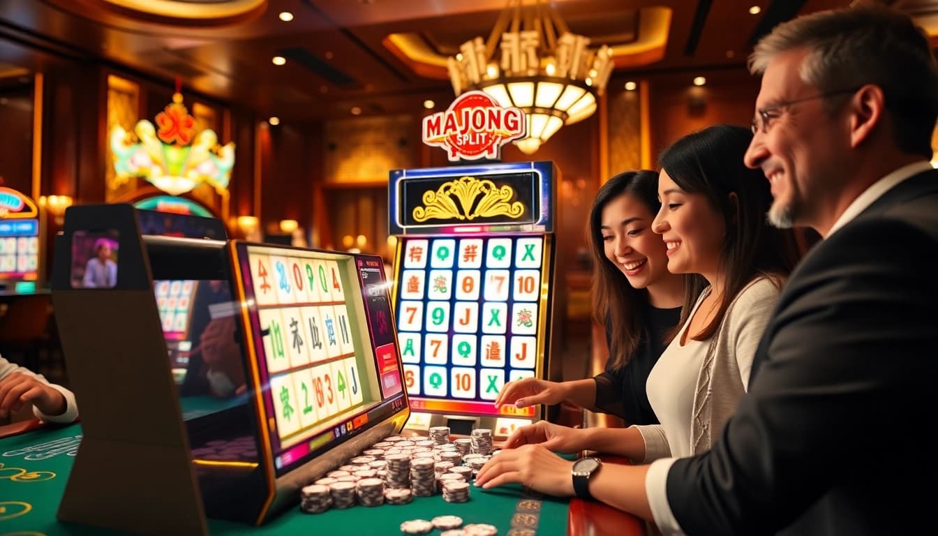 Pemain menikmati sensasi mesin slot Mahjong di kasino yang berwarna-warni.