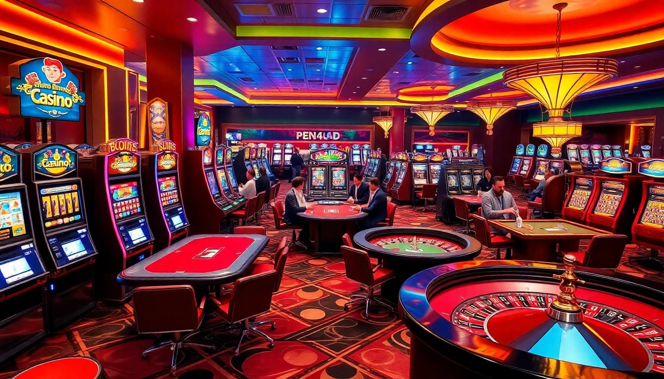 Players enjoying exciting slot games at pen4d casino, showcasing vibrant machines and a lively atmosphere.