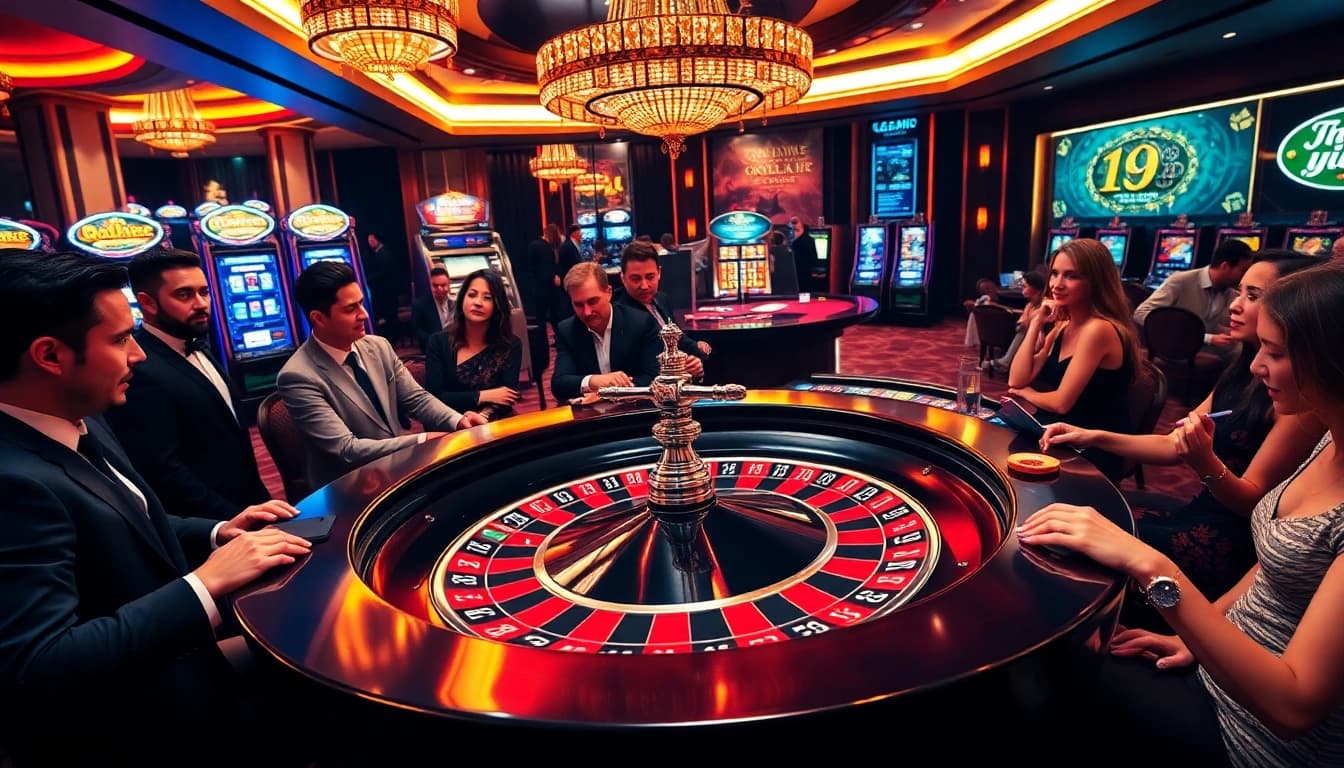 Engage in a thrilling casino experience at https://tg888.co.com/ with roulette tables, chips, and vibrant players.