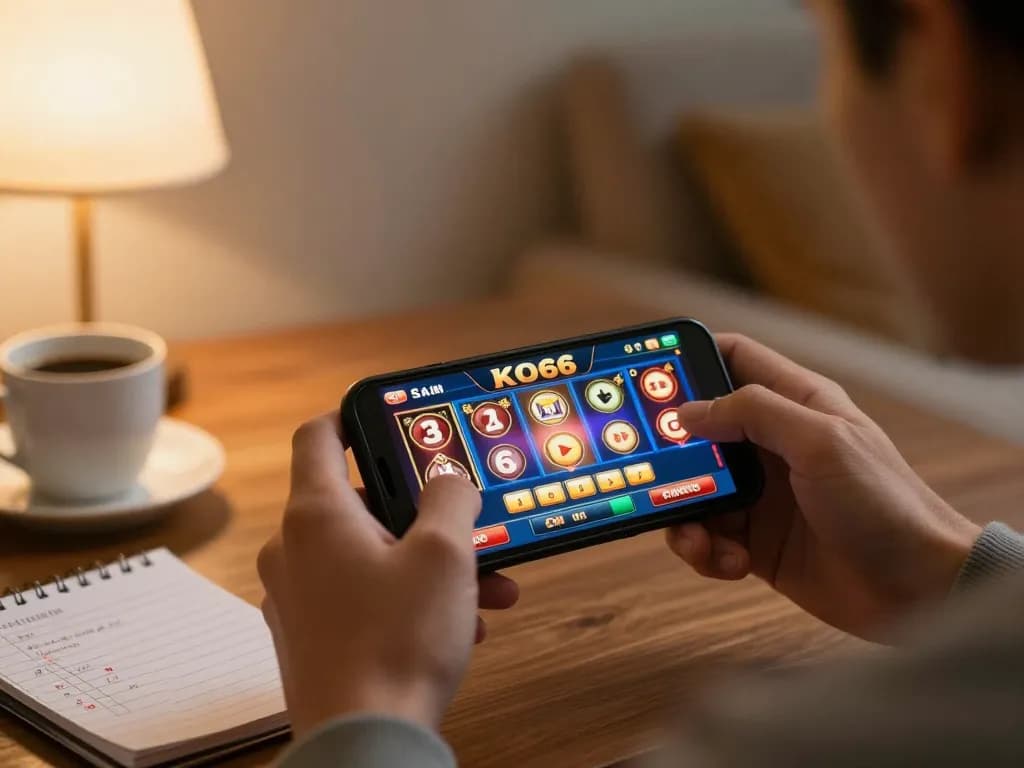 Người chơi hấp dẫn đang thưởng thức các trò chơi casino KO66 trên điện thoại thông minh trong một không gian ấm cúng tại nhà.