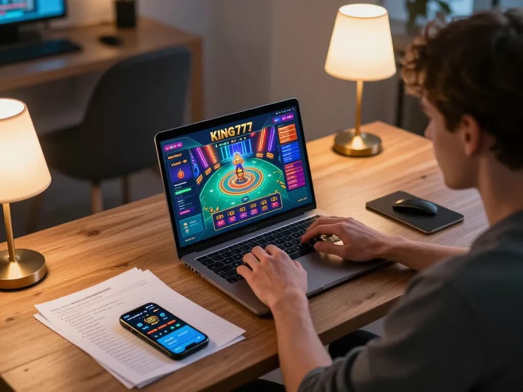 Pemain yang terlibat menikmati pengalaman kasino king777 di laptop dalam suasana rumah yang nyaman.