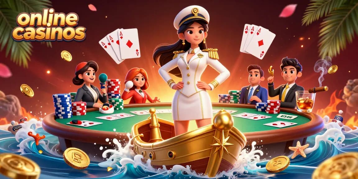 Experience thrilling online casinos with vibrant poker action and a golden ocean backdrop.