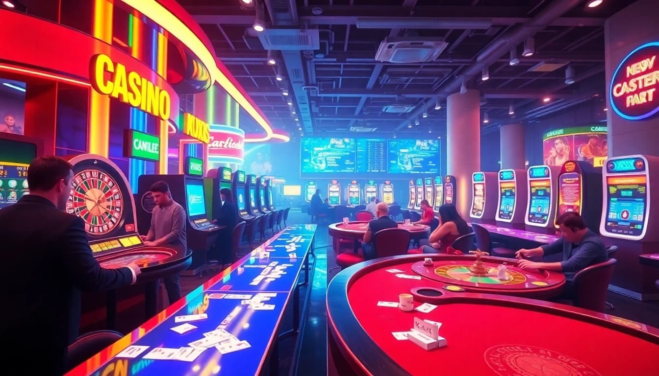 Kqxs lottery players enjoying a dynamic casino scene with modern terminals and traditional games.