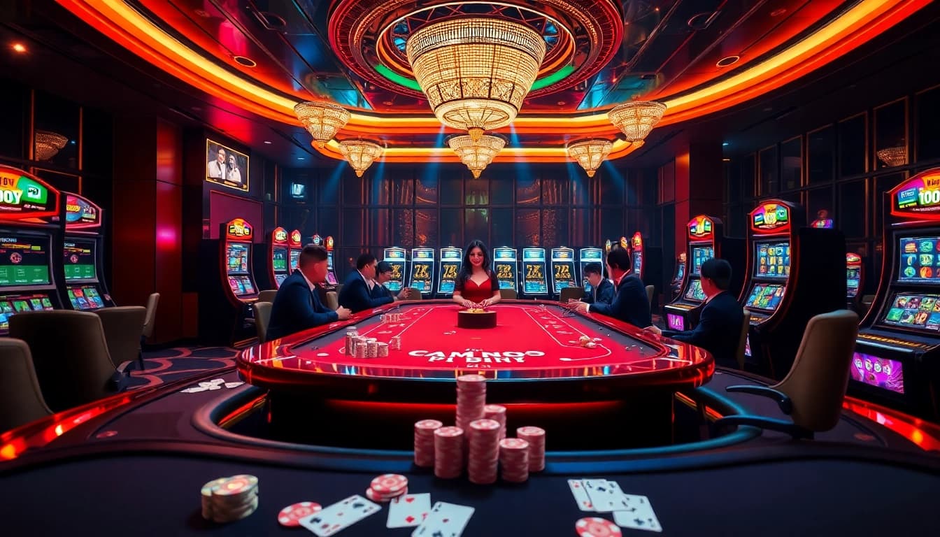 Experience the thrilling atmosphere of TRANG CHỦ NOHU90 with vibrant casino tables and engaging gameplay.