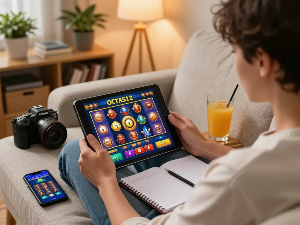Engaged user enjoying octaslot online gaming on tablet at home with vibrant graphics.