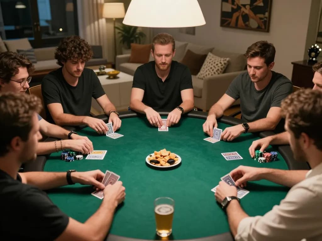 Players engaged in a strategic poker game at home, showcasing debet chips and cards in a warm setting.