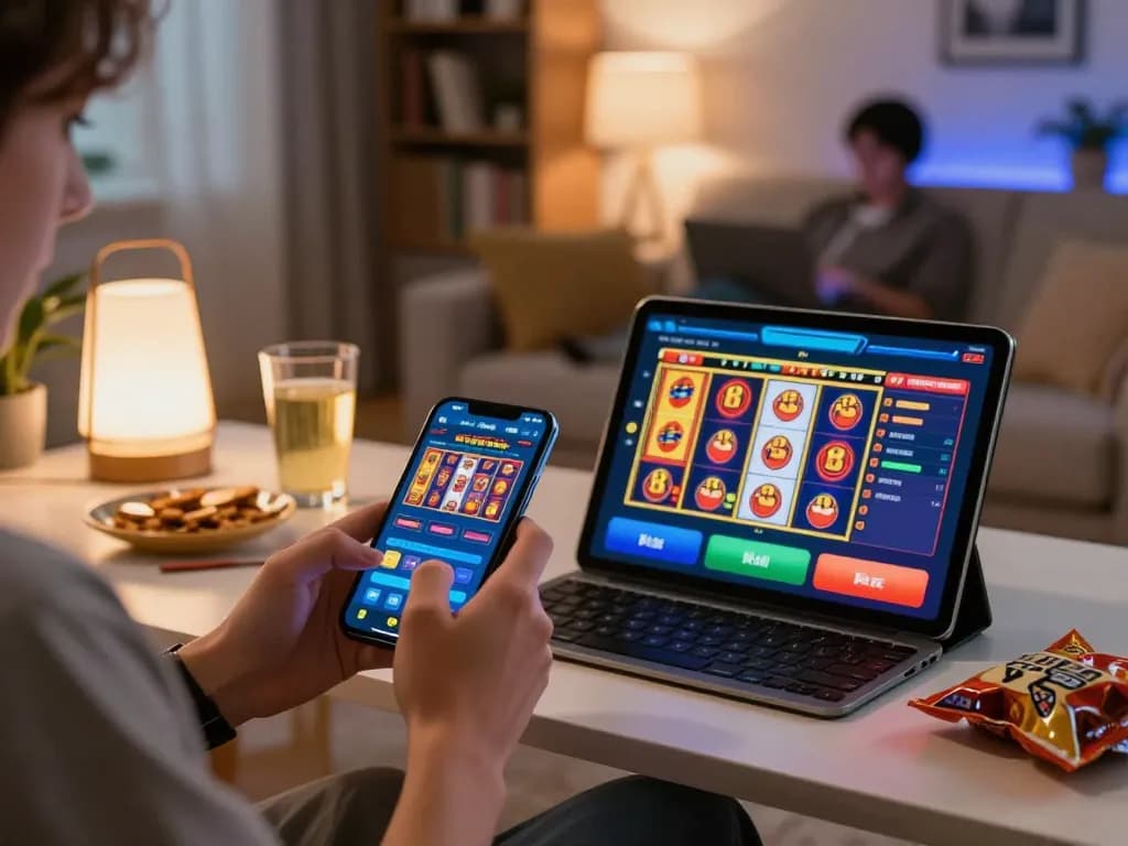 Engaging in kdslot app gameplay on smartphone with vibrant slot visuals in cozy home setting