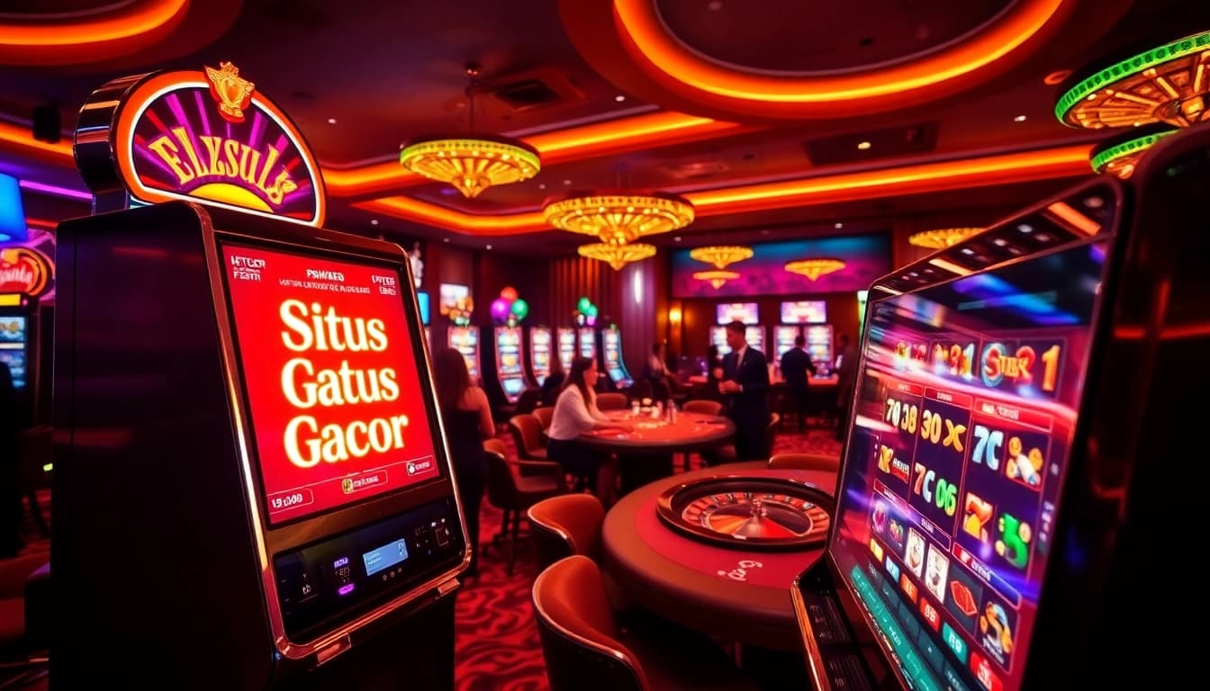 Experience the thrill of Situs Gacor at a vibrant casino, with players enjoying high-tech slot machines.