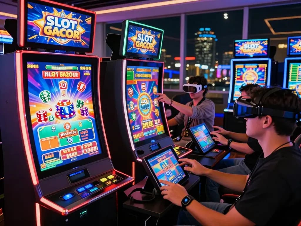 Exciting SLOT GACOR online casino scene with digital slot machines and eager players.
