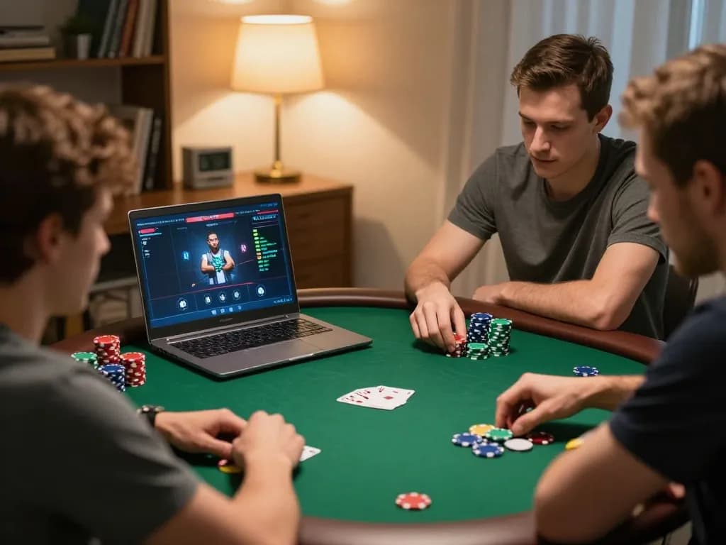 Pemain secara strategis memasang taruhan pada permainan poker daring bintangmpo di rumah, menunjukkan fokus yang intens.