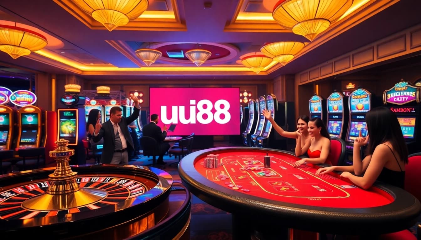 Players enjoy a thrilling game at uu88 casino, showcasing vibrant slot machines and a lively atmosphere.