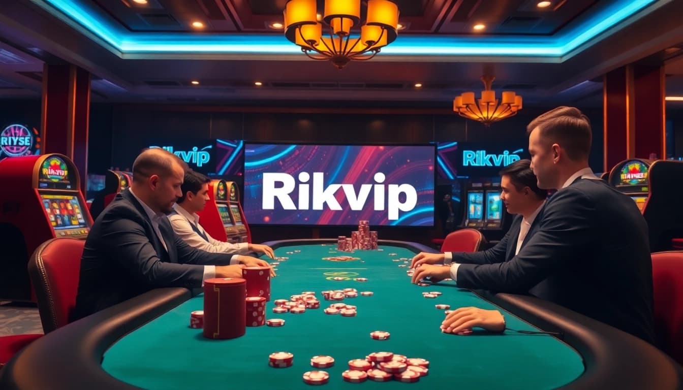 Rikvip gamers engaging at a high-stakes poker table in a vibrant casino setting.
